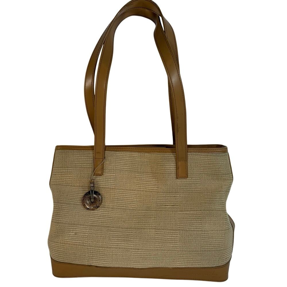 Retro Stone Mountain Tan Canvas Tote Bag Faux Leather Trim Medium Shoulder Purse